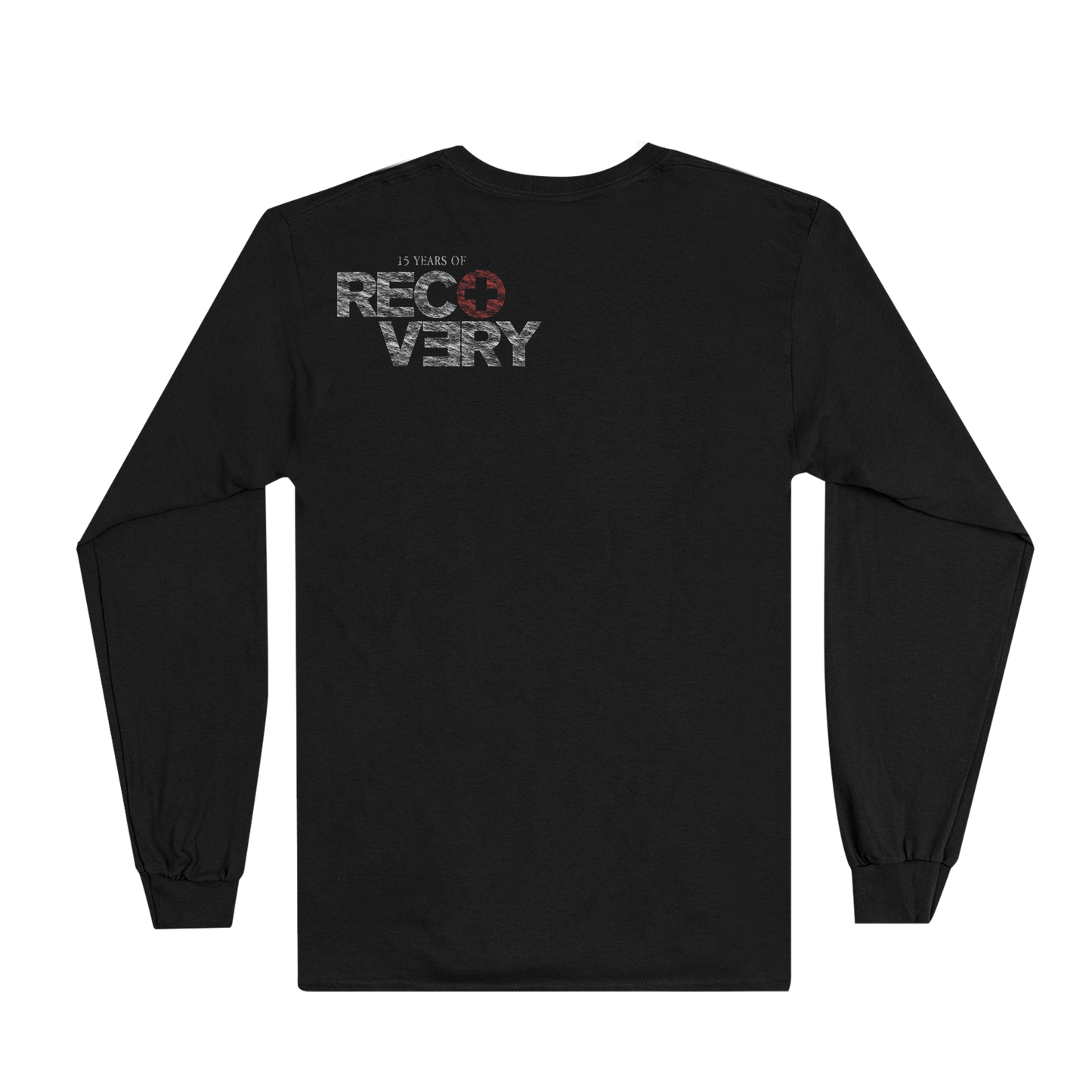 Back of the black Eminem Recovery long sleeve with the 15 Years of Recovery logo
