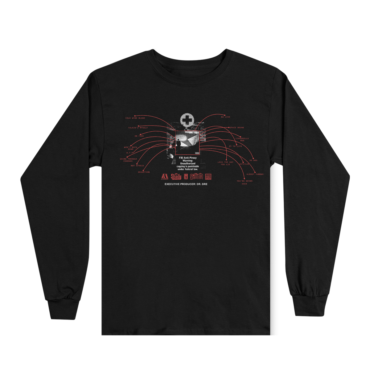 Front of the black Eminem Recovery 15th Anniversary long sleeve with tracklist print