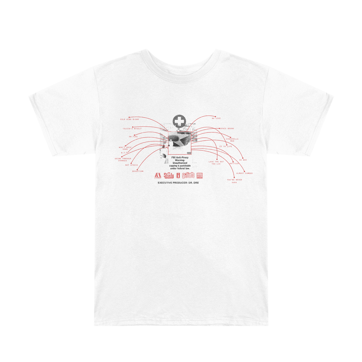 White Eminem Recovery 15th Anniversary Tracklist T-shirt flat lay with red line print