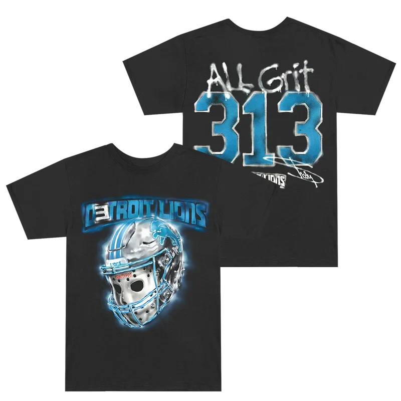 Eminem x Detroit Lions All Grit T-shirt front and back flat lay with helmet and 313 prints