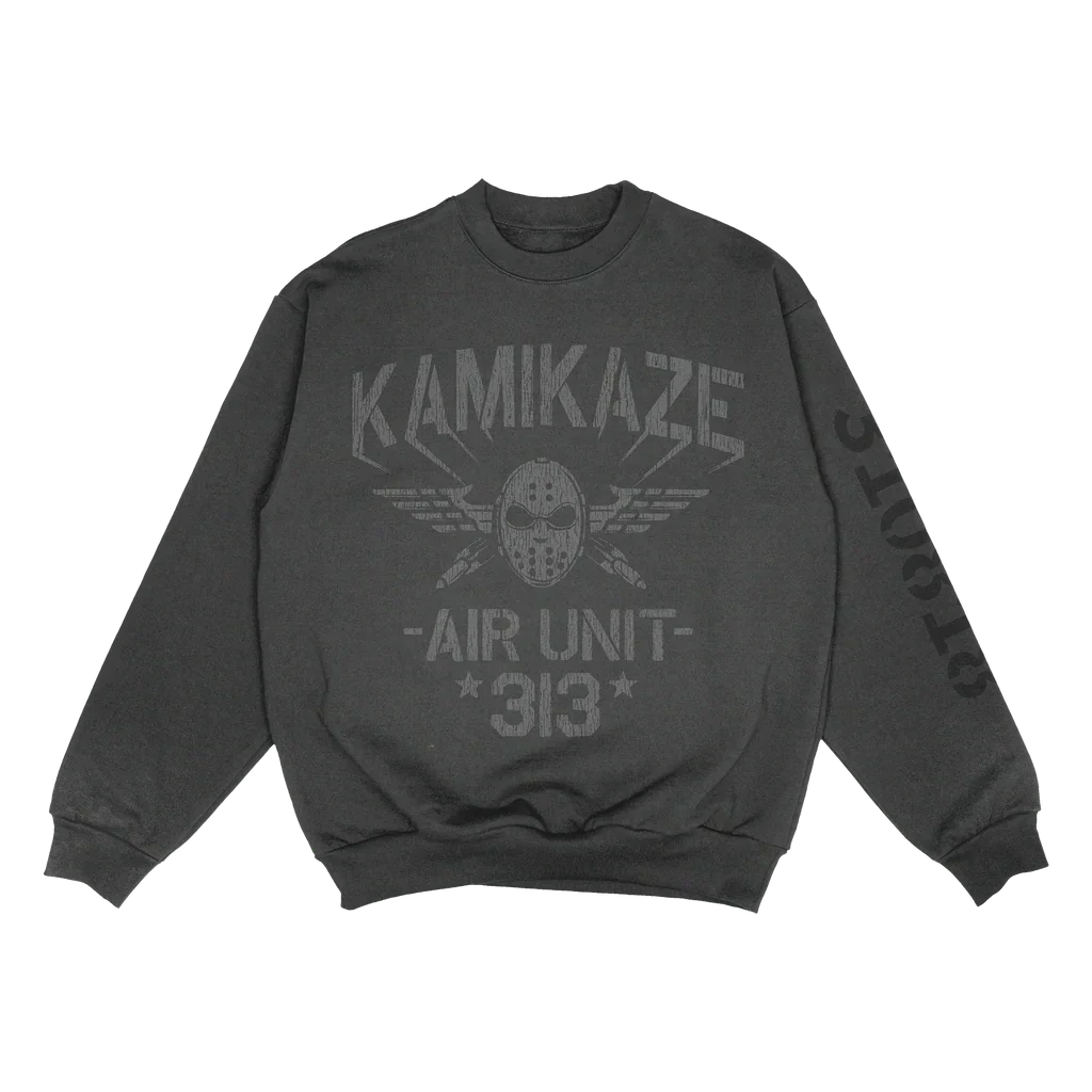 Grey Eminem Kamikaze Air Unit 313 crewneck sweatshirt laid flat, tonal front graphic