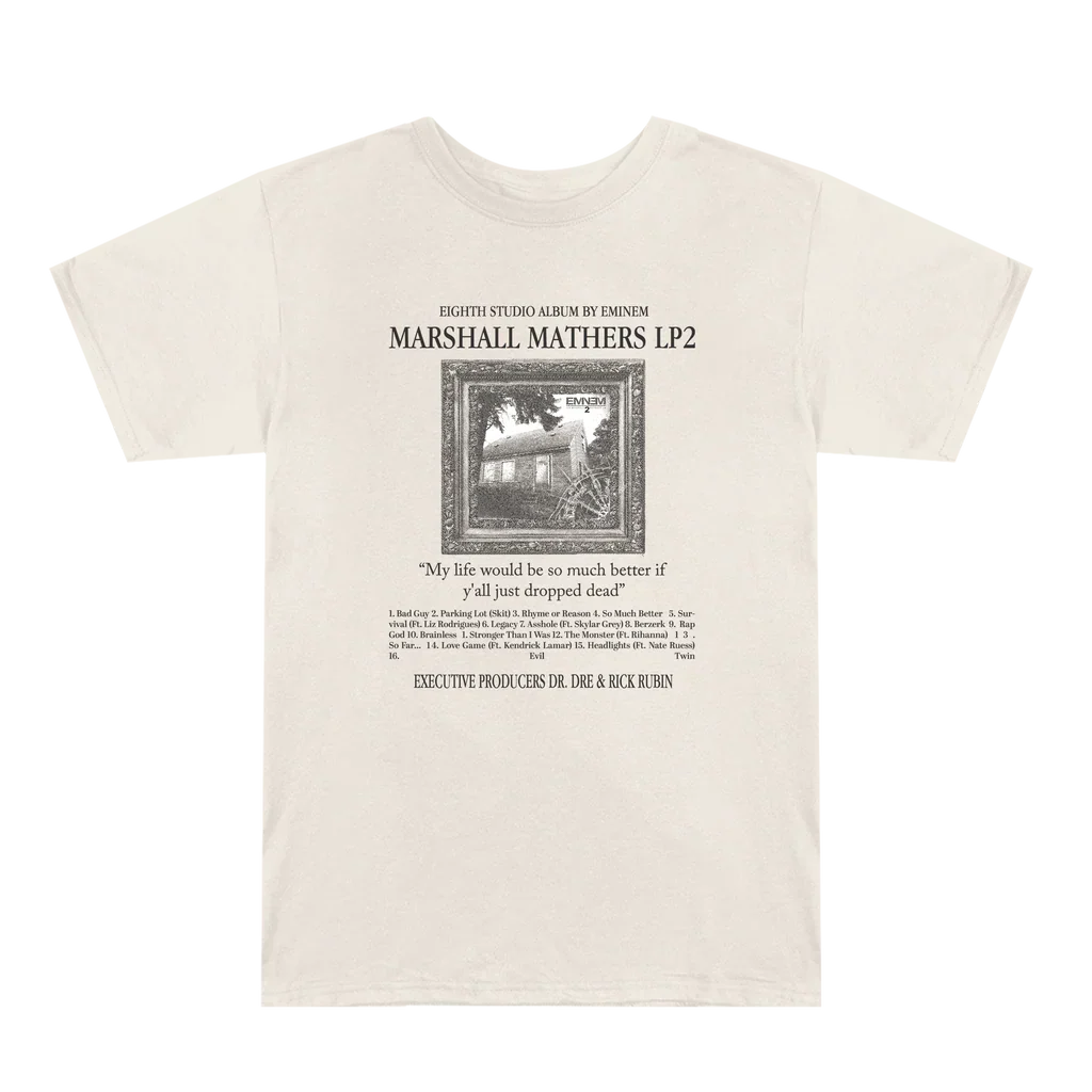 Cream Eminem MMLP2 album T-shirt flat lay with framed house photo and lyric text