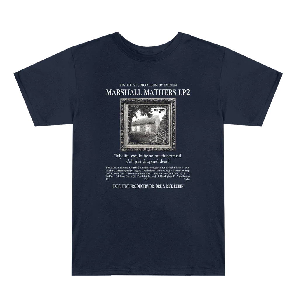 Navy Eminem MMLP2 album T-shirt flat lay with Marshall Mathers LP2 house artwork