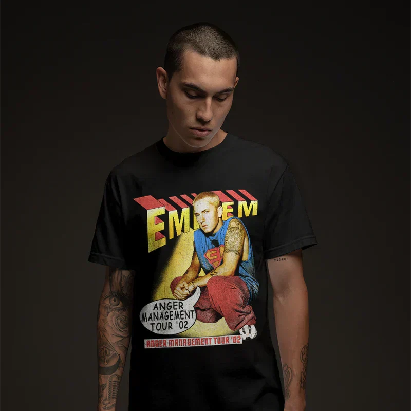 Man wearing the black Eminem Anger Management Tour 2002 T-shirt with vintage boxing artwork