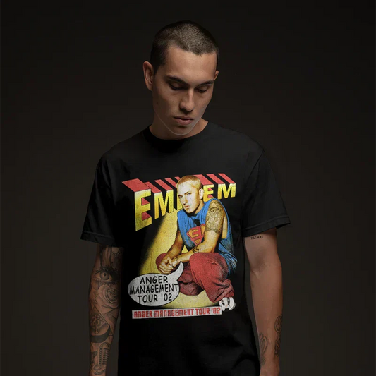 Man wearing the black Eminem Anger Management Tour 2002 T-shirt with vintage boxing artwork