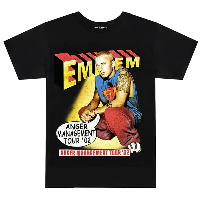 Black Eminem Anger Management Tour '02 T-shirt flat lay, retro illustrated tour artwork print