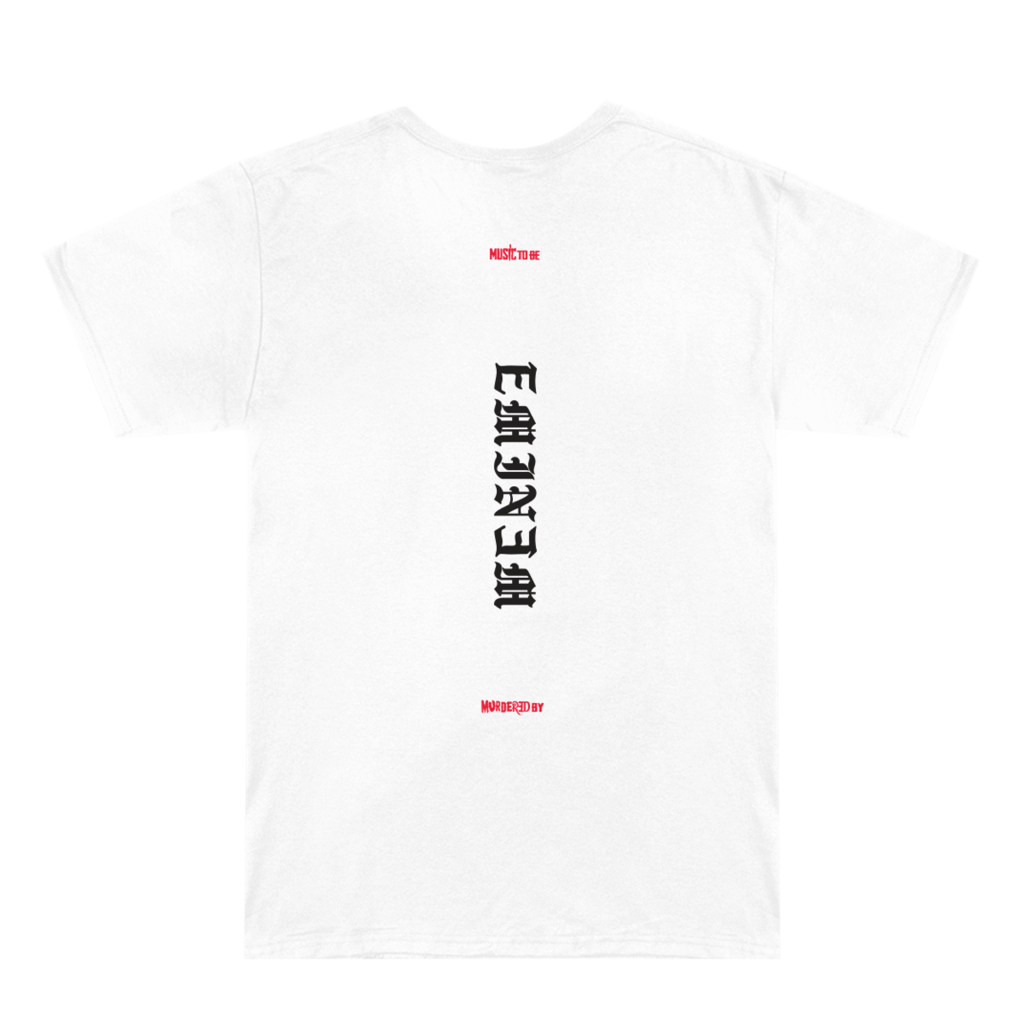 Back of the white Eminem MTBMB Blinds T-shirt with vertical Eminem lettering