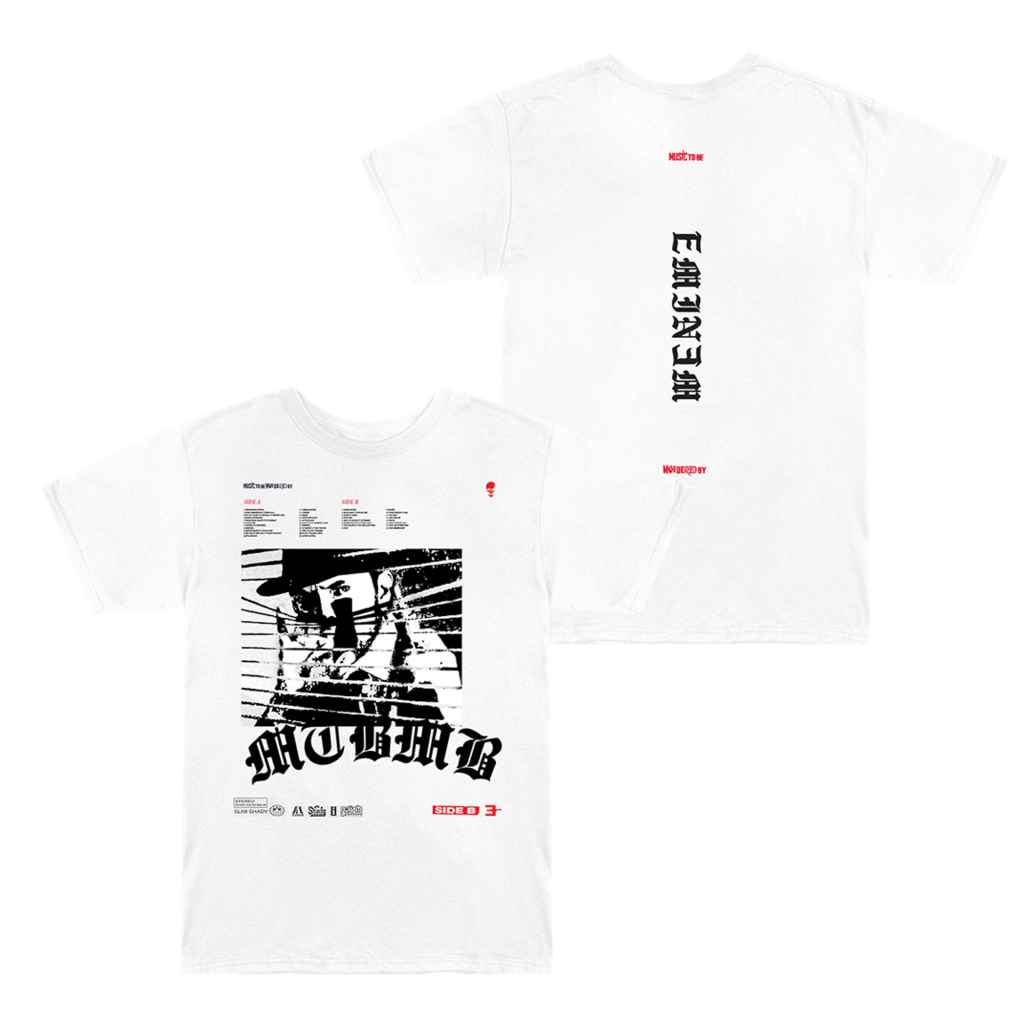 White Eminem MTBMB Blinds T-shirt front and back flat lay with red and black artwork