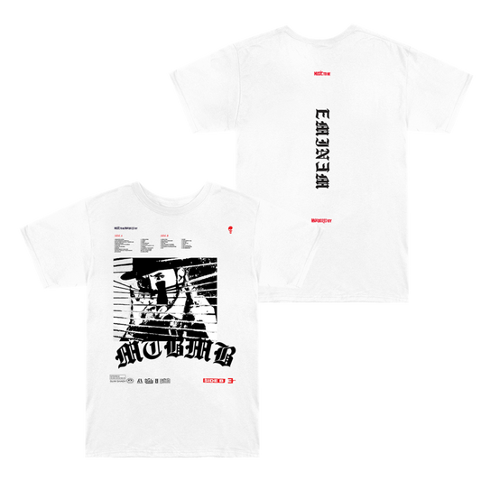White Eminem MTBMB Blinds T-shirt front and back flat lay with red and black artwork