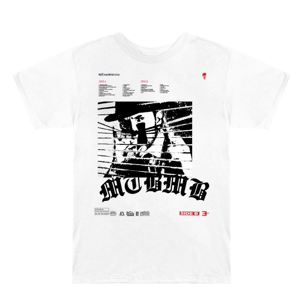 Front of the white Eminem MTBMB Blinds T-shirt with venetian blind portrait graphic