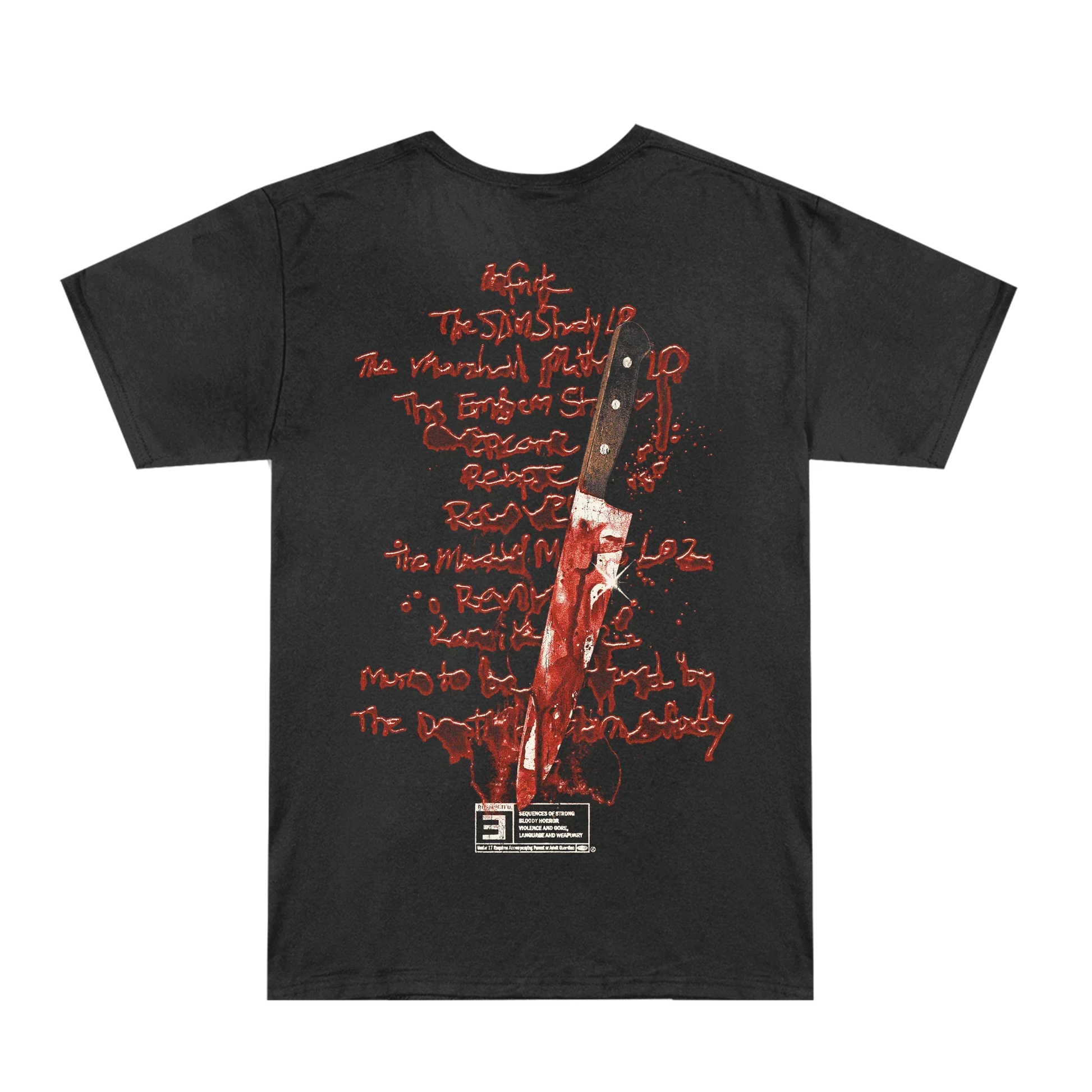 Back view of the black Eminem Body Count T-shirt with the red handwritten body-count track list