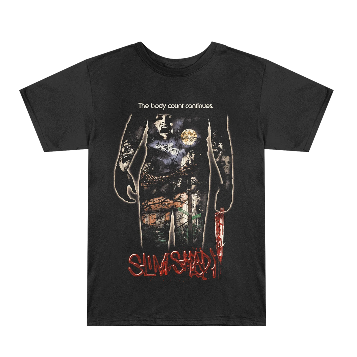 Front view of the black Eminem Body Count T-shirt, Slim Shady chainsaw graphic and red logo