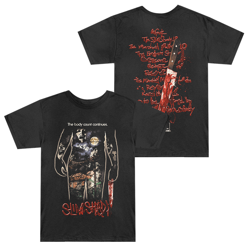 Black Eminem Body Count T-shirt front and back flat lay with Slim Shady horror artwork