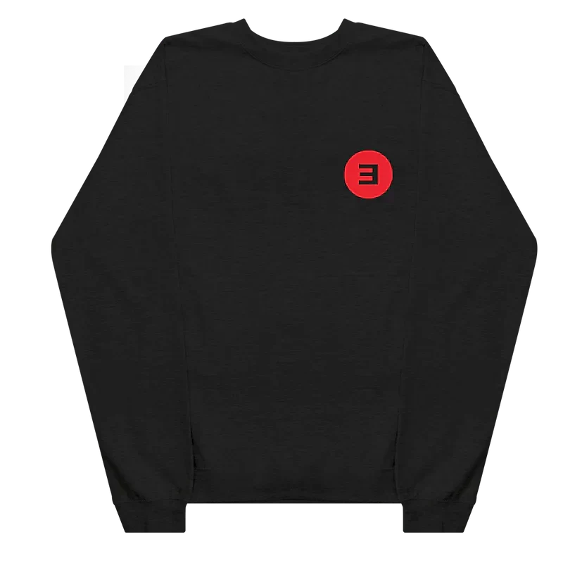 Black Eminem Basic E Logo crewneck sweatshirt laid flat with the red reversed E chest logo