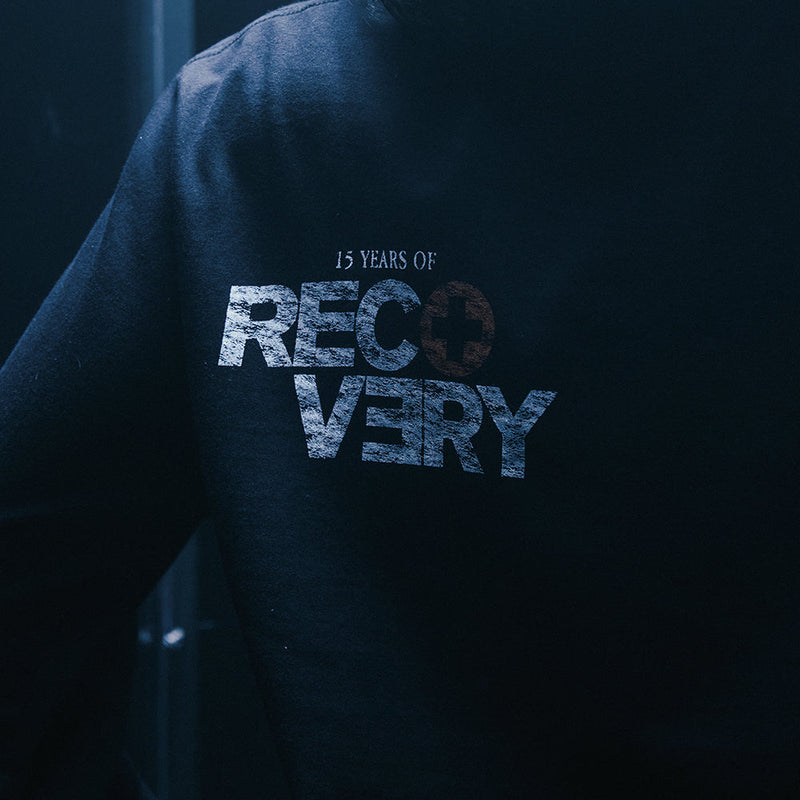 Back print detail reading 15 Years of Recovery on the black Eminem long sleeve