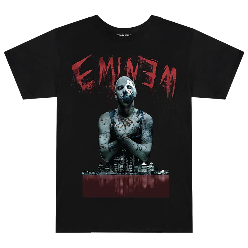 Black Eminem Bloody Horror T-shirt flat lay, red dripping Eminem logo above a horror portrait graphic