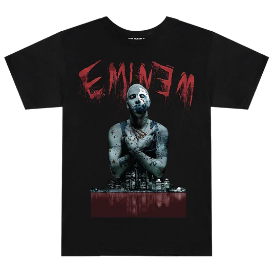 Black Eminem Bloody Horror T-shirt flat lay, red dripping Eminem logo above a horror portrait graphic