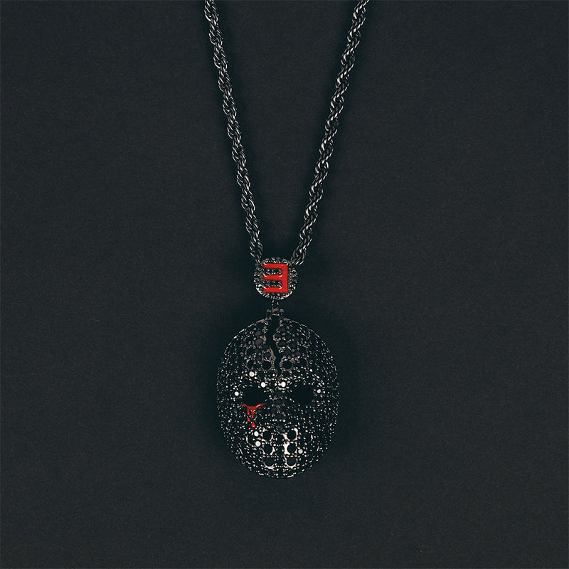 Eminem hockey mask diamond pendant in gun metal with red stone accents and E logo bail