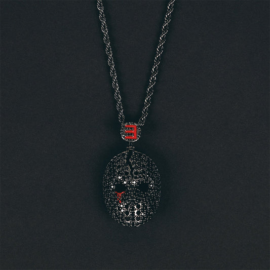 Eminem hockey mask diamond pendant in gun metal with red stone accents and E logo bail