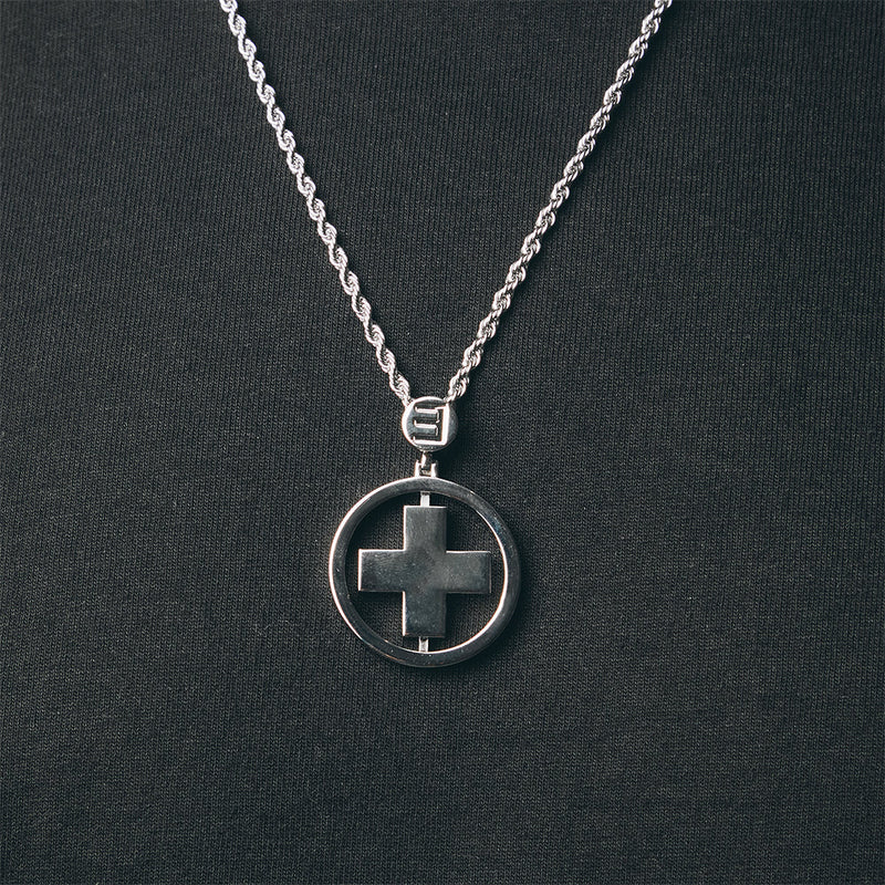 Eminem Recovery cross pendant in polished silver on a rope chain