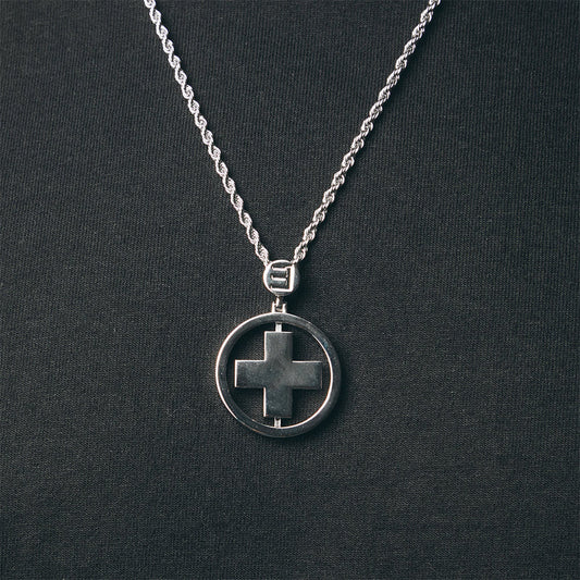 Eminem Recovery cross pendant in polished silver on a rope chain