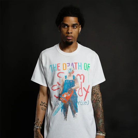 Man wearing the white Eminem TDOSS Chainsaw T-shirt with chainsaw figure graphic