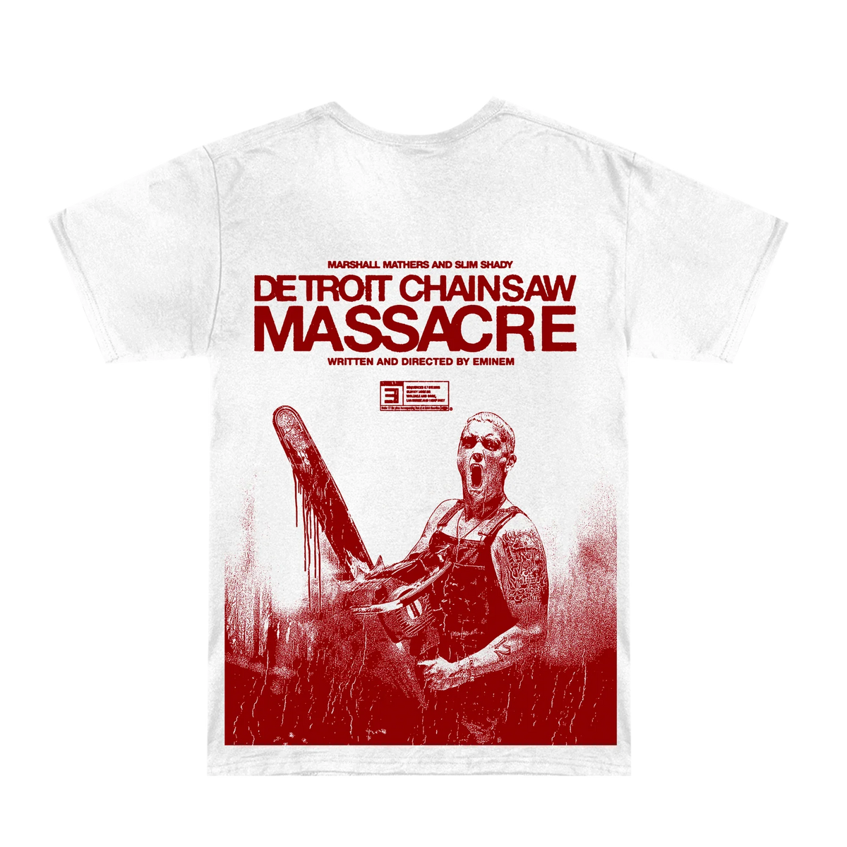 Back of the white Eminem Massacre T-shirt with Detroit Chainsaw Massacre poster print