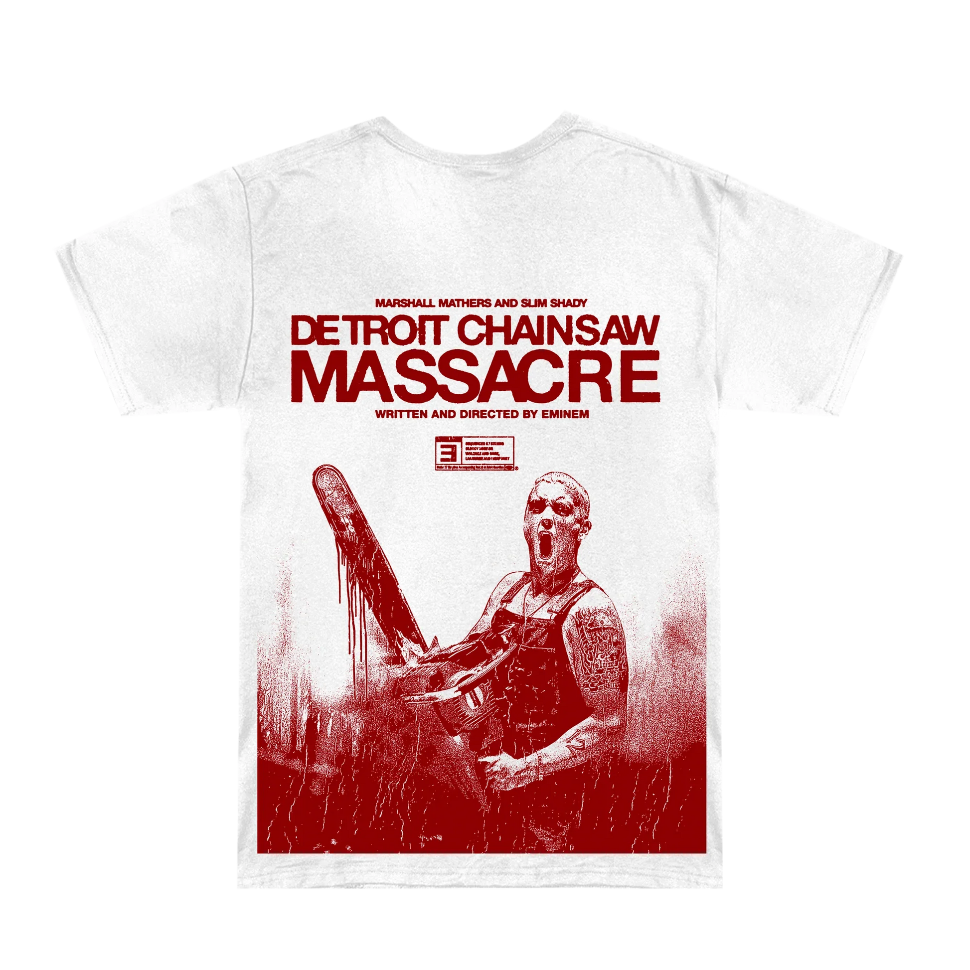 Back of the white Eminem Massacre T-shirt with Detroit Chainsaw Massacre poster print