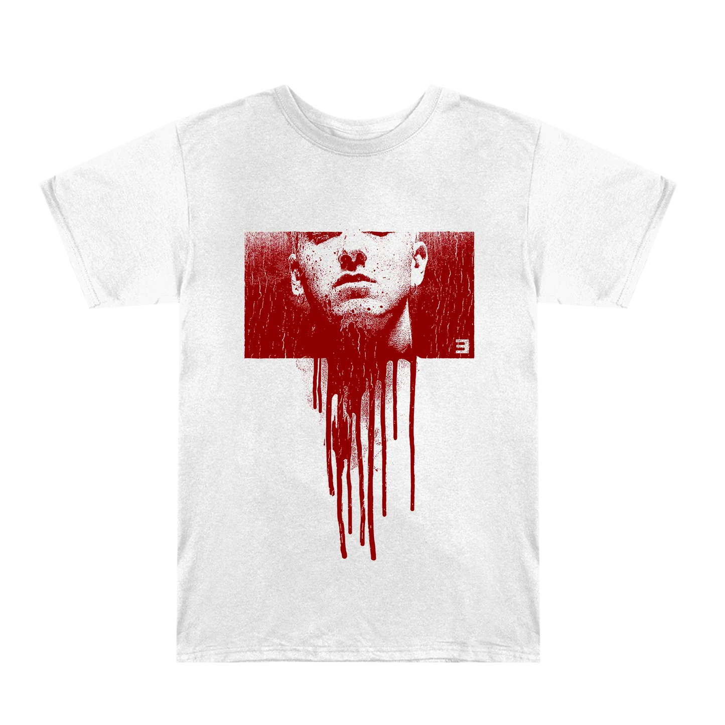 Front of the white Eminem Massacre T-shirt with red dripping portrait graphic