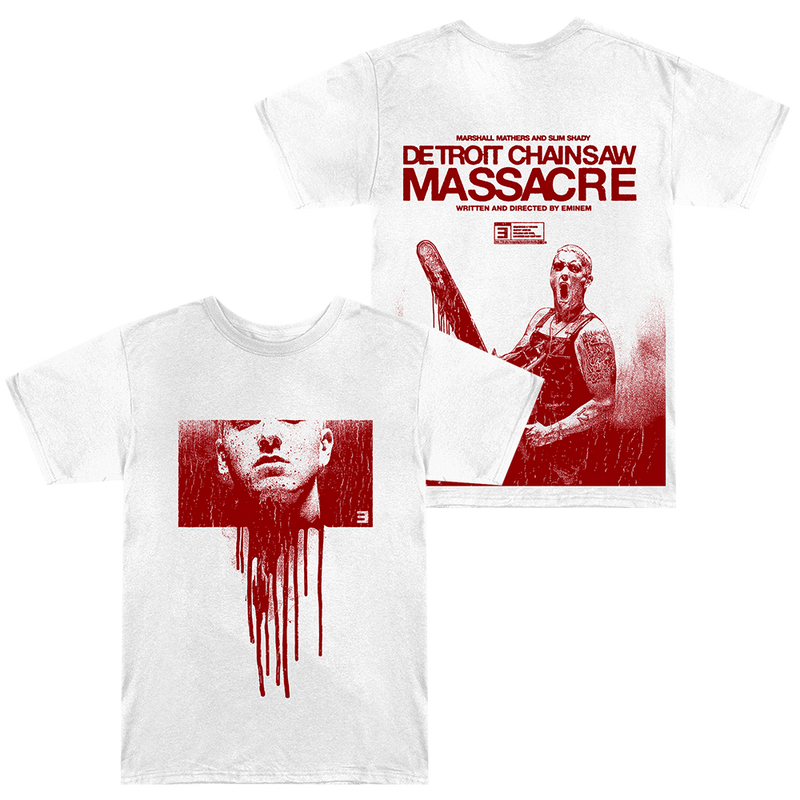 White Eminem Massacre T-shirt front and back flat lay with red horror poster artwork