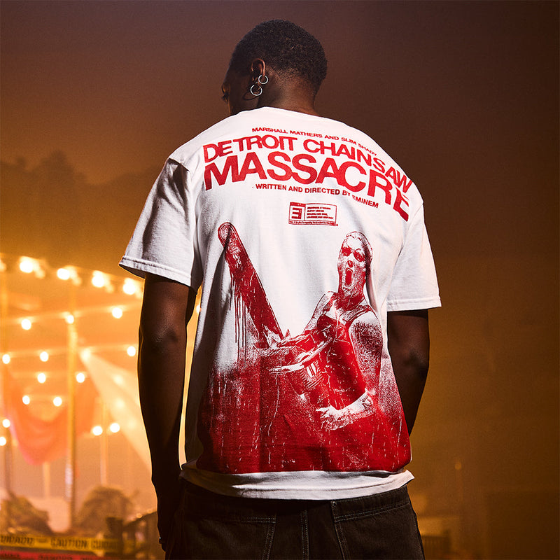 Back of the white Eminem Massacre T-shirt reading Detroit Chainsaw Massacre in red