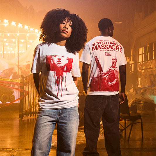 Two models in white Eminem Massacre T-shirts with red bloody portrait and poster prints
