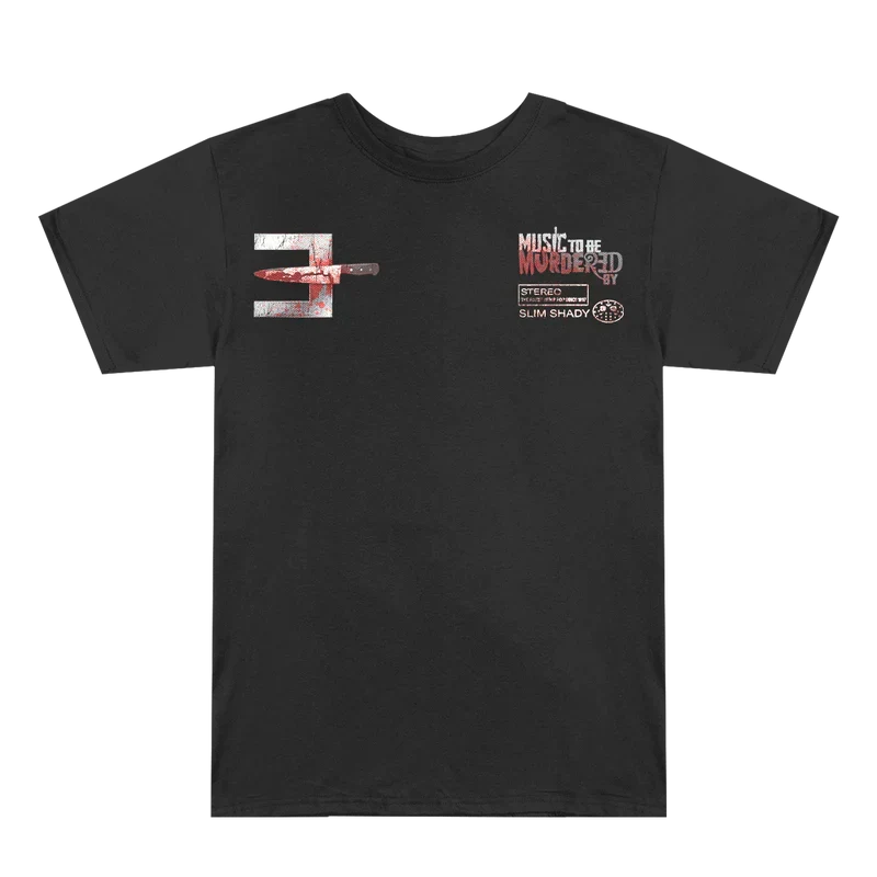 Front of the black Eminem MTBMB anniversary T-shirt with split panel chest print