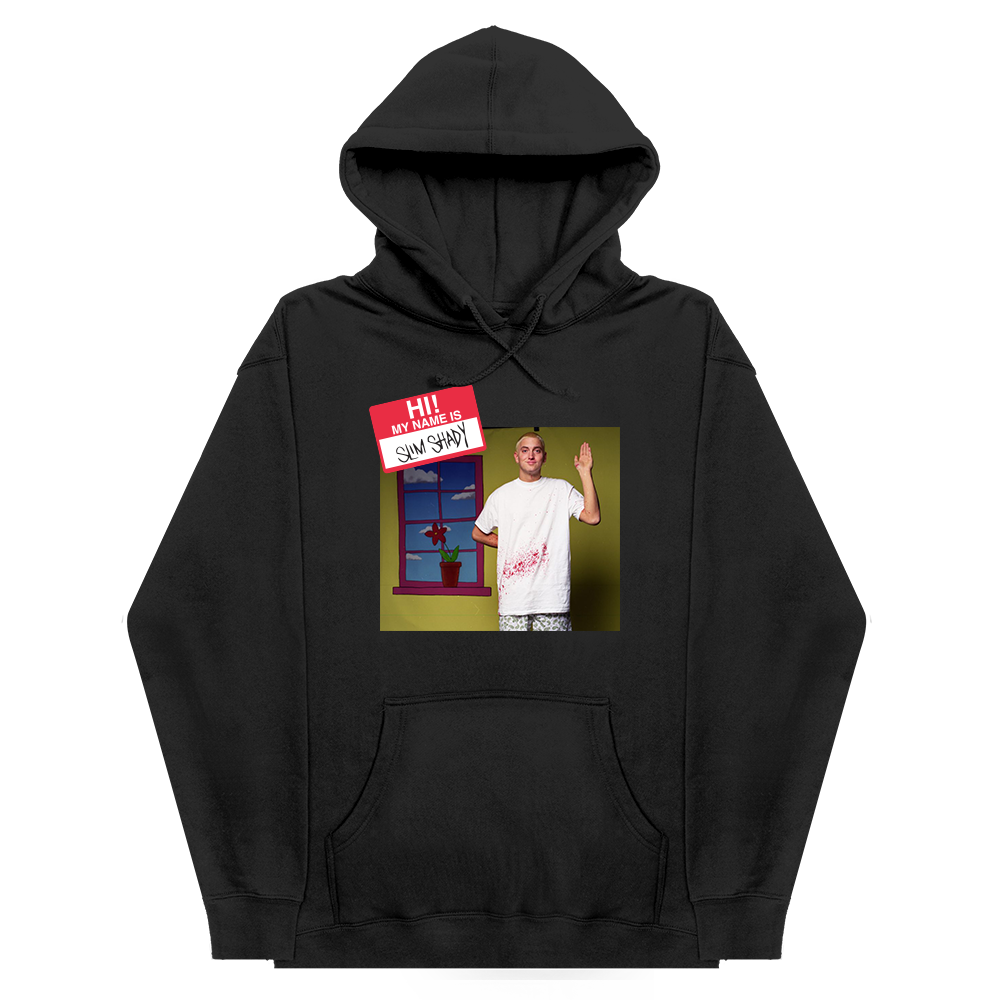 Black Eminem My Name Is hoodie flat lay with the name tag and portrait photo print