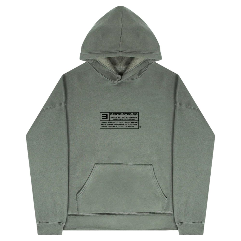 Sage green Eminem The Way I Am hoodie flat lay with small printed chest label
