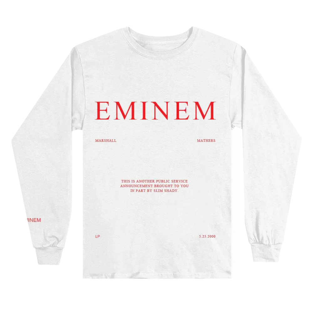 White Eminem MMLP PSA long sleeve flat lay showing the red Eminem front print