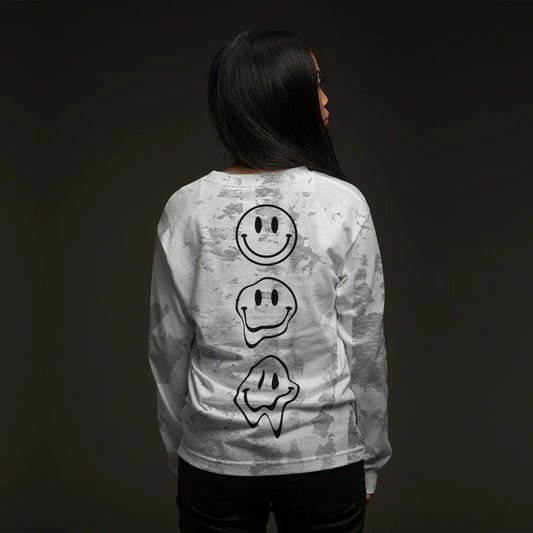 Back of the white tie-dye Eminem Slim Shady long sleeve with melting smiley faces