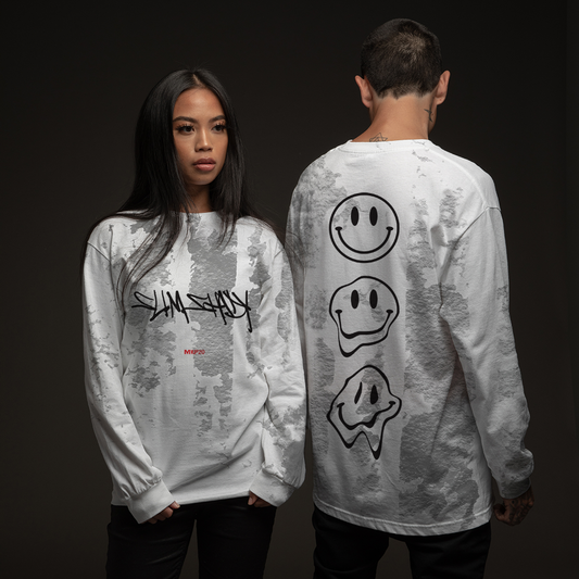 Two models in white tie-dye Eminem Slim Shady long sleeve shirts with smiley prints