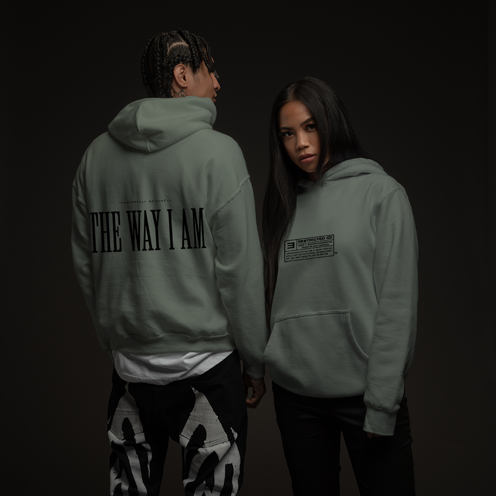 Two models in sage green Eminem The Way I Am hoodies with back text prints