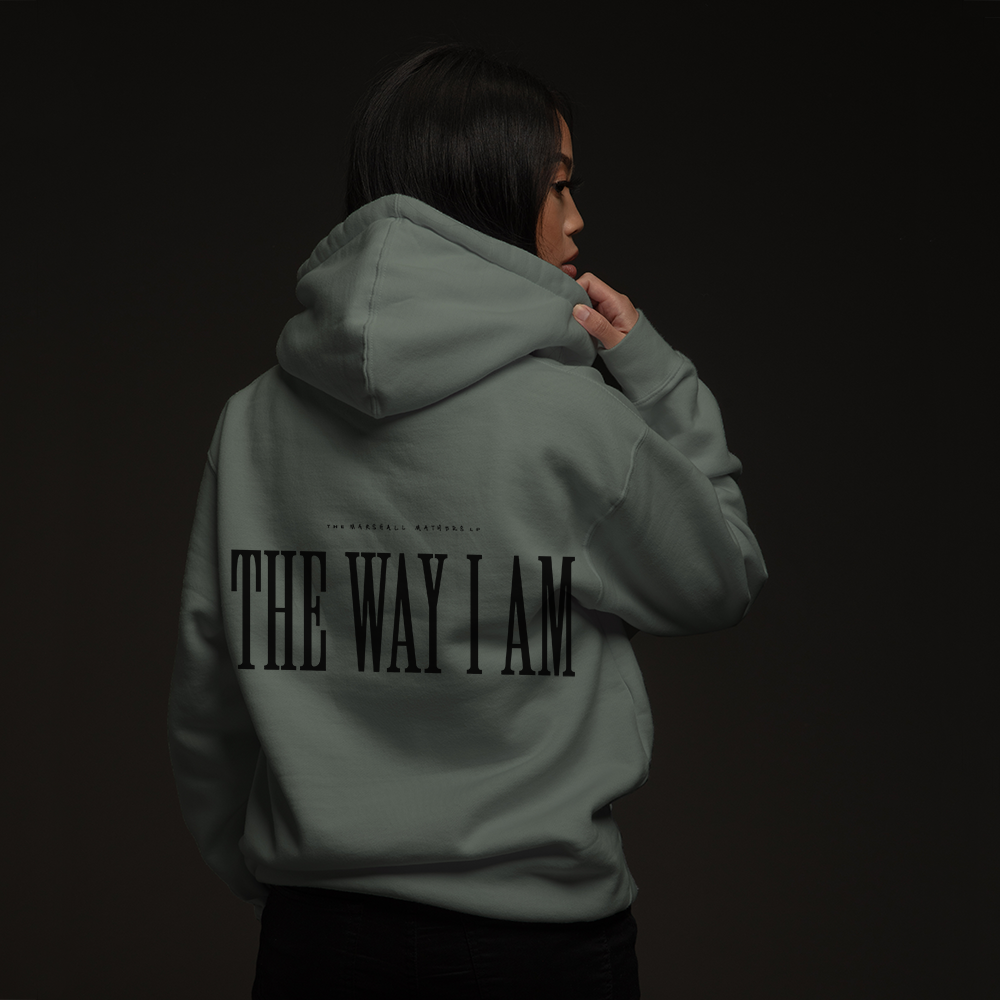 Back of the sage green Eminem The Way I Am hoodie with large serif lettering