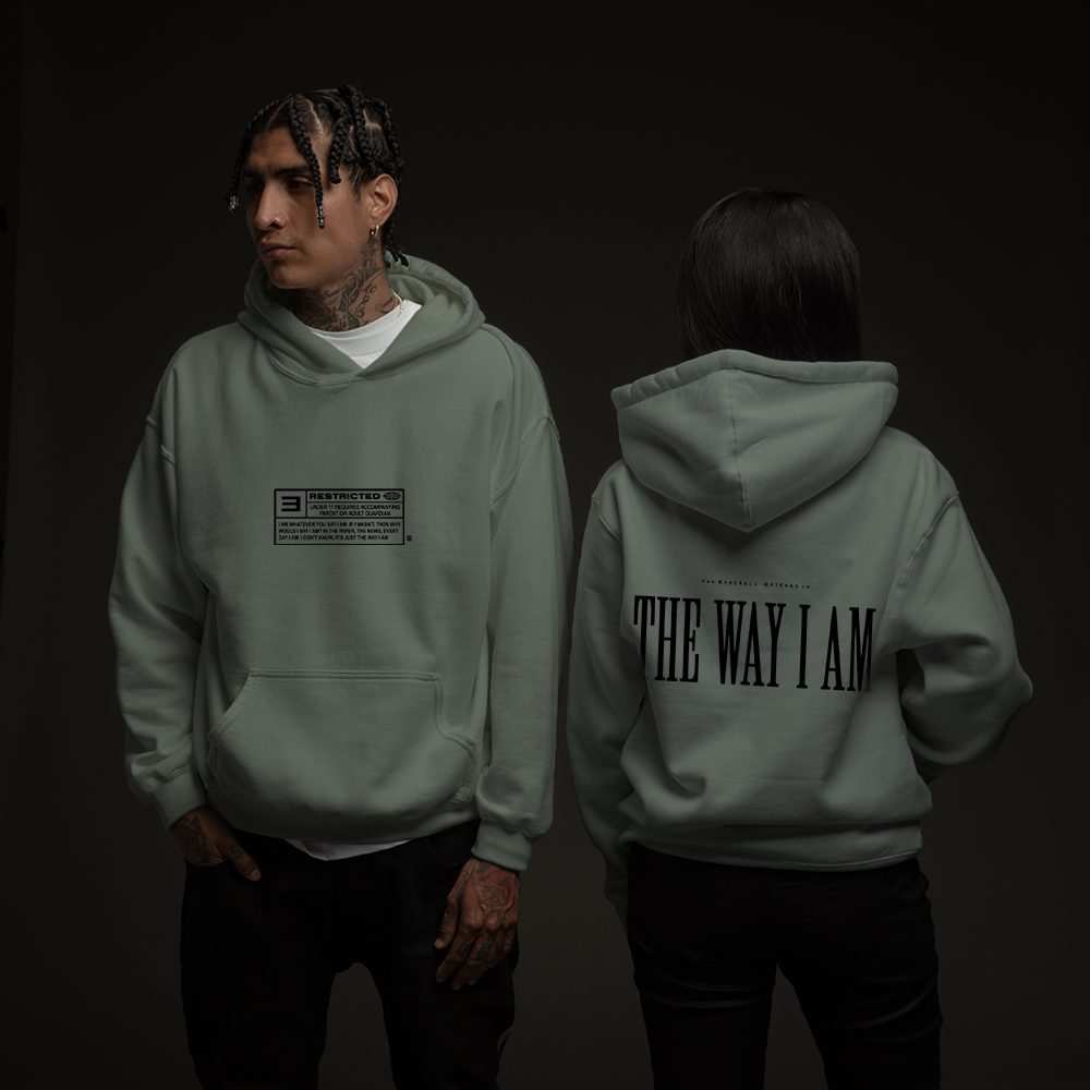 Models wearing sage Eminem The Way I Am hoodies, front label and back lettering