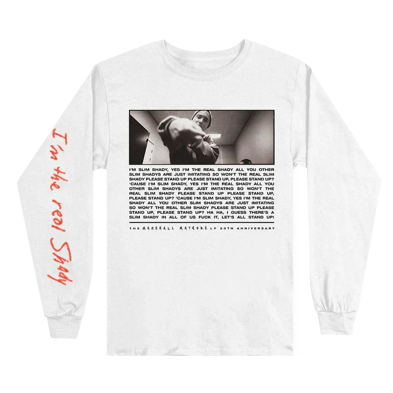White Eminem I'm The Real Slim Shady sweatshirt flat lay with photo panel and red sleeve script