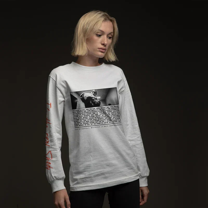 Woman wearing the white Eminem I'm The Real Slim Shady sweatshirt, red sleeve script