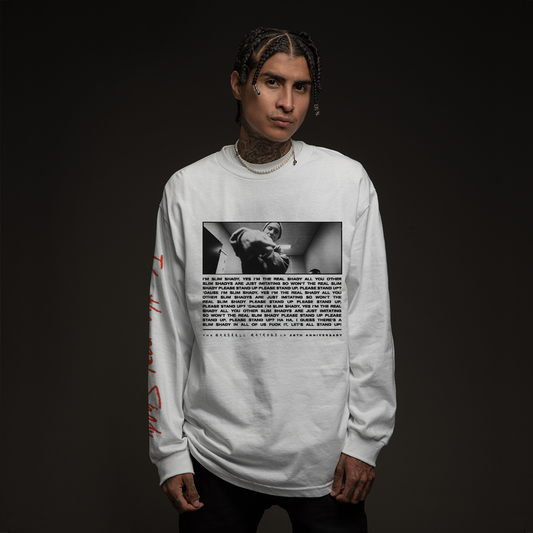 Man wearing the white Eminem I'm The Real Slim Shady long sleeve with photo and text print