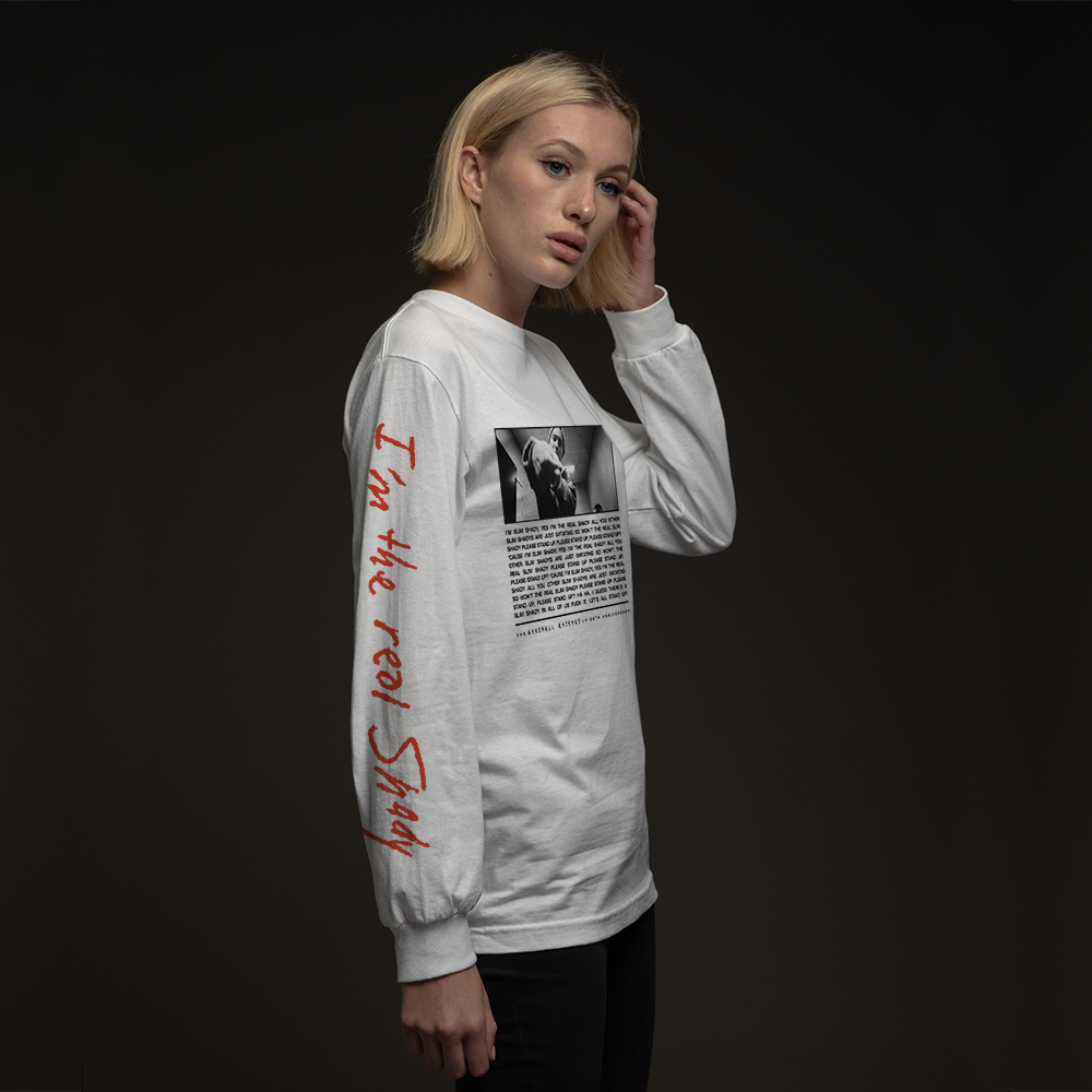 Side view of the white Eminem I'm The Real Slim Shady long sleeve with red sleeve script