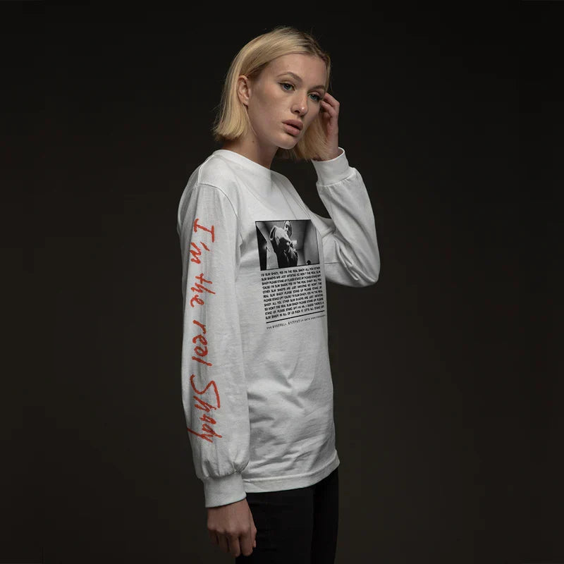 Sleeve detail reading I'm the real Slim on the white Eminem sweatshirt