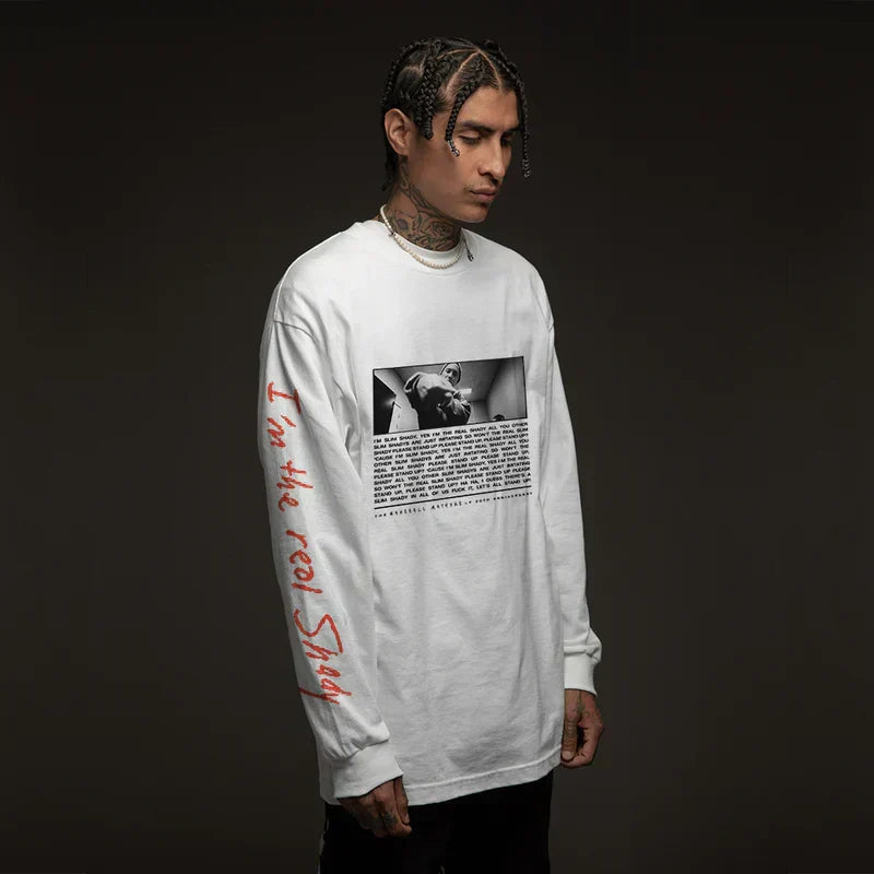 Side view of the white Eminem I'm The Real Slim Shady sweatshirt with red sleeve print