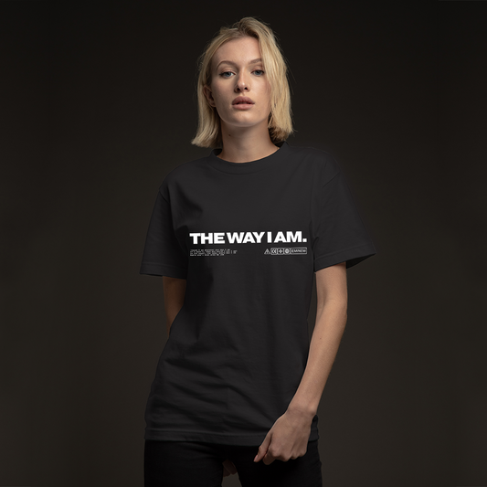 Woman wearing the black Eminem The Way I Am T-shirt with white block lettering