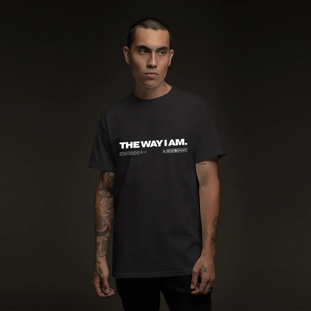 Man wearing the black Eminem The Way I Am T-shirt with centred white type
