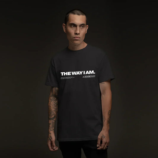 Man wearing the black Eminem The Way I Am T-shirt with centred white type